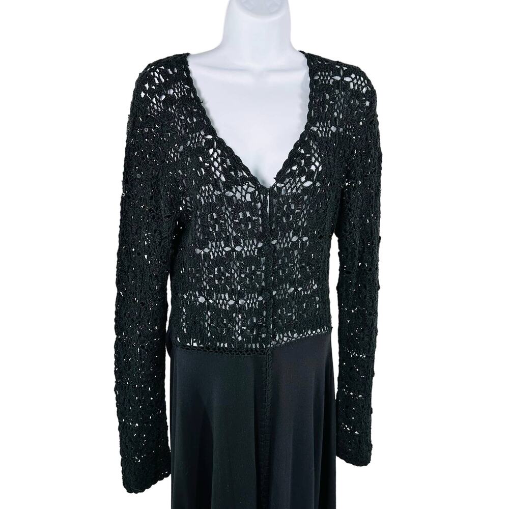 Kroshetta Womens Size Medium Black Crochet Button Front Cotton Sweater Dress